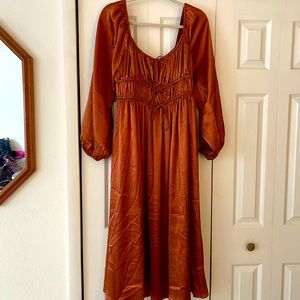 NWT Lush Vici Dolls Satin Rust Peasant Midi Dress